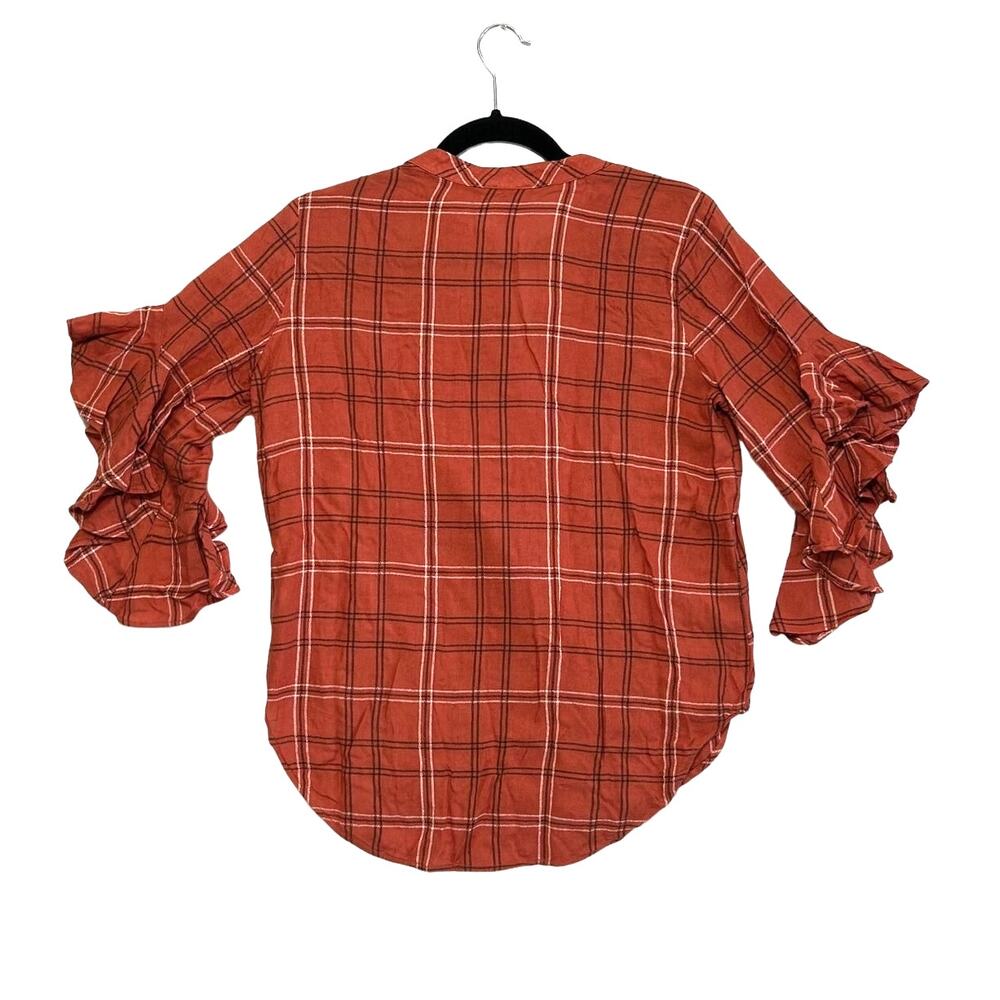 Vince Camuto Plaid Ruffle Sleeve Pin Tuck Relaxed Blouse Women's Sz XS Apple Red - Picture 2 of 7